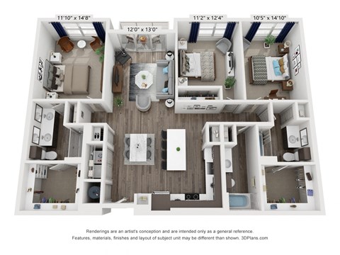 Floor plan for 3 beds, 3 baths, 1497 sqft